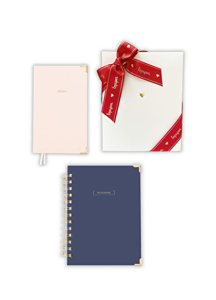Spiralli Lacivert Çizgili Defter ve Pudra Ciltli Ajanda Hediye Seti