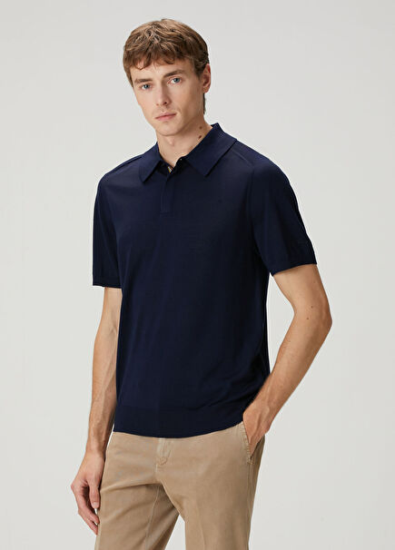 Dark Blue Short Sleeve Polo Wool Knitwear