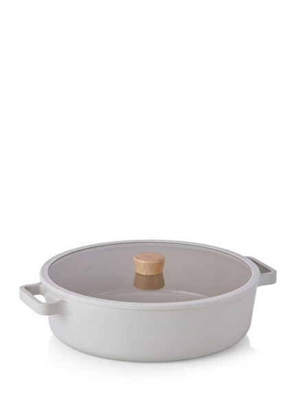 Fika Beige Cast Aluminum Shallow Pot with Glass Lid 30 cm