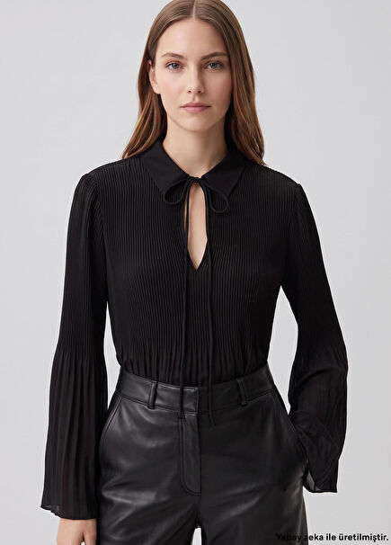 Black Pleated Bell Sleeve Blouse