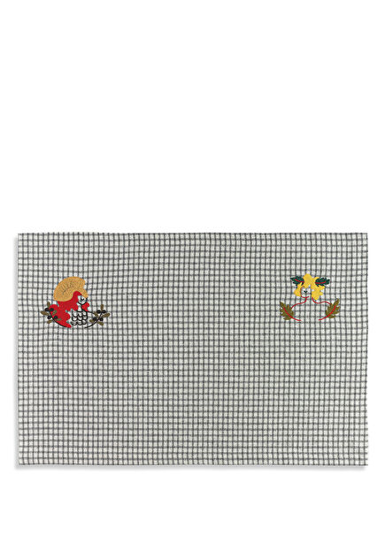 Altar Ecru Grey Checkered Embroidered Placemat 35 x 50 cm