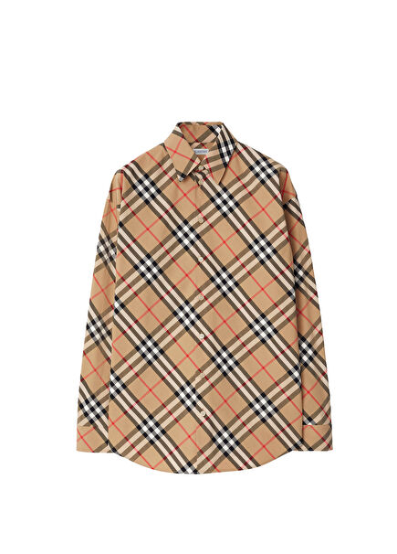 Check Beige Cotton Long Sleeve Women's Shirt