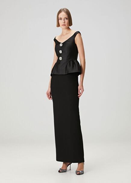 Black Maxi Taffeta Crepe Evening Dress