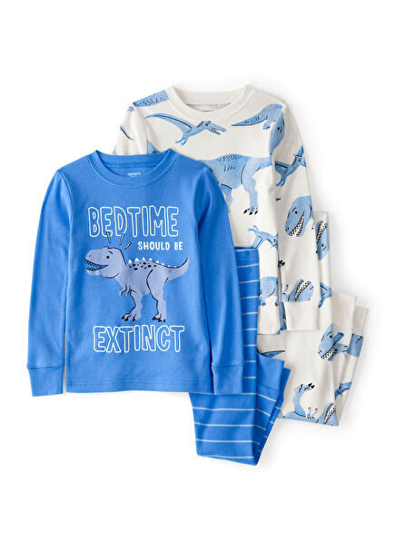 Mavi Dinazor Desenli Uzun Kollu Erkek Bebek 4'lü Pijama Seti