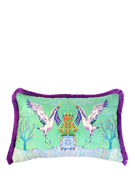 Turna Desenli Su Yeşili Kadife Dekoratif Kırlent Kılıfı 40 x 60 cm