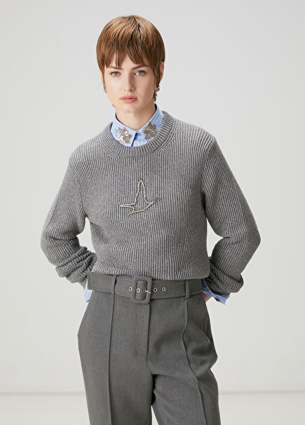 Grey Embellished Logo Wool Sweater
