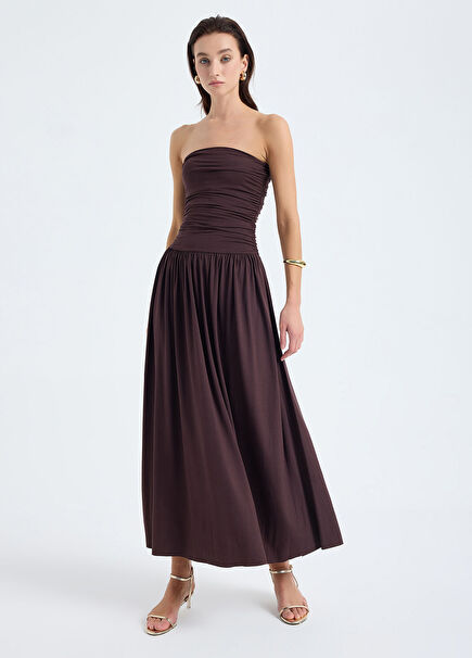 Aluna Kahverengi Viskon Straplez Kadın Midi Elbise 