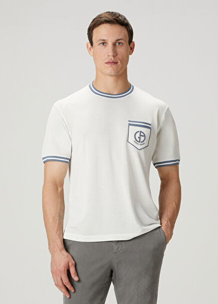 Beyaz Logo Nakışlı İpek T-shirt