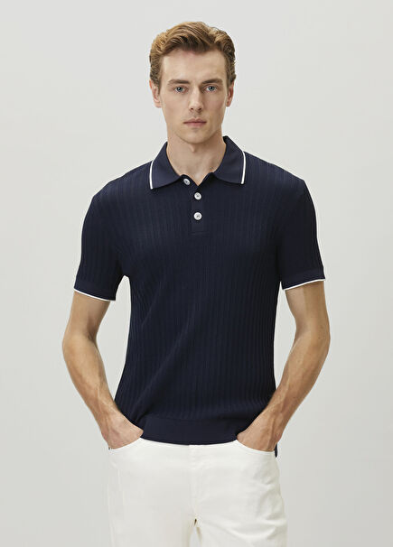 Lacivert Polo Yaka Waffle Örgülü Kısa Kollu Triko