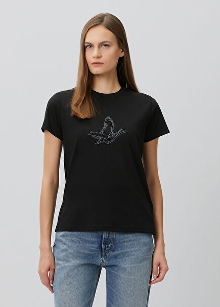Siyah Boncuk İşlemeli Kaz Logolu T-shirt