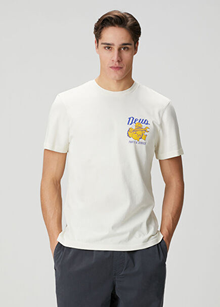 Kırık Beyaz Logo Baskılı Organik Pamuk T-shirt