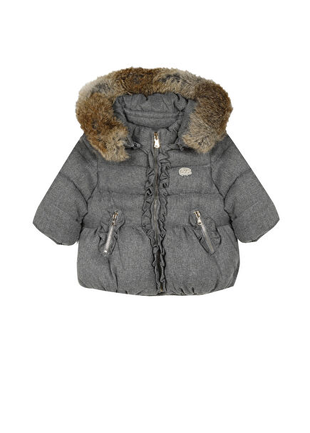 Koyu Gri Kapüşonlu Kız Bebek Doudoune Mont
