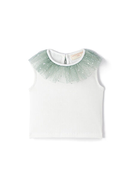 Minty Stardust Green Tulle Collar Detailed Sleeveless Girl's Blouse