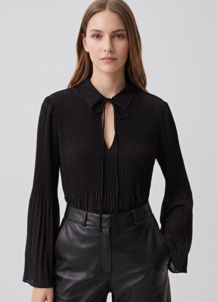 Black Pleated Bell Sleeve Blouse