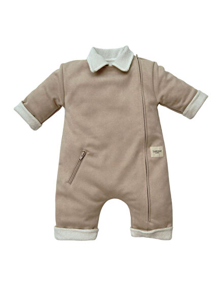 Latte Bej Scuba Süet Önden Fermuarlı Unisex Bebek Tulum
