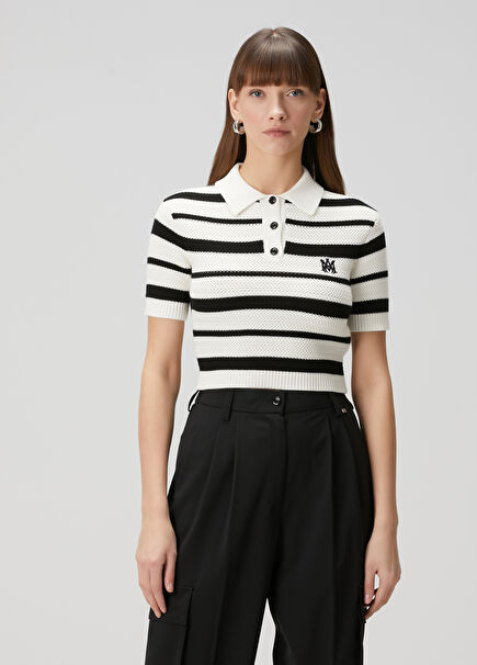 Black White Striped Polo Sweater