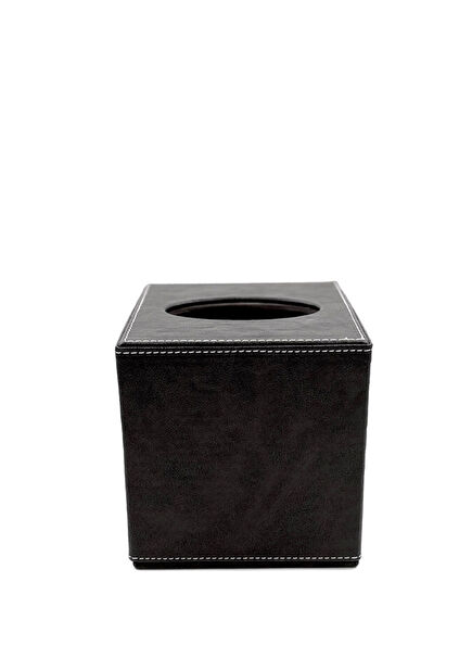 Black Leather Wooden Cube Napkin Holder