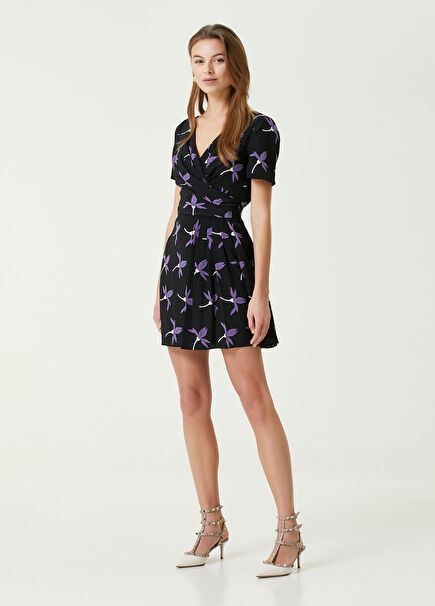 Mini Silk Dress With Black Floral Print