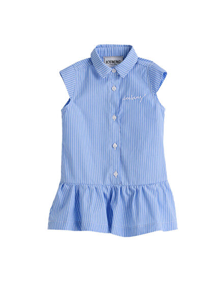 Çizgili Mavi Gömlek Yaka Kolsuz Kız Çocuk Elbise
