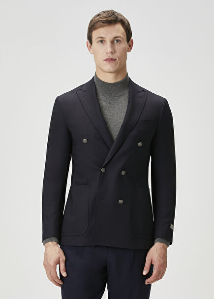 Navy Blue Double-Breasted Wool Jacket