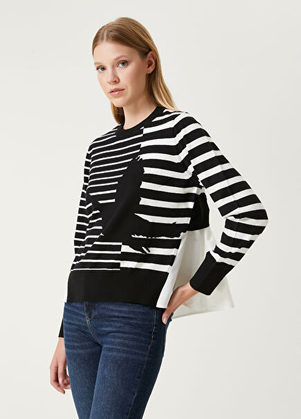 Black White Striped Garnished Sweater