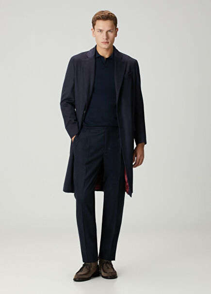 Lacivert Çift Pilili Yün Pantolon