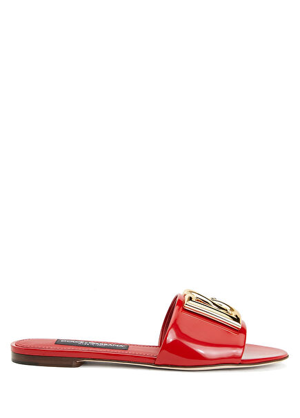 Red Logo Buckle Women's Leather Slippers