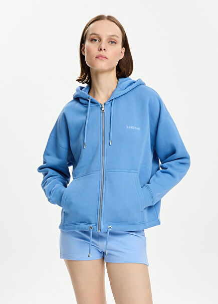 Mavi Kapüşonlu Fermuarlı Kadın Sweatshirt
