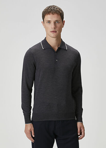 Koyu Gri Polo Yaka Yün Triko