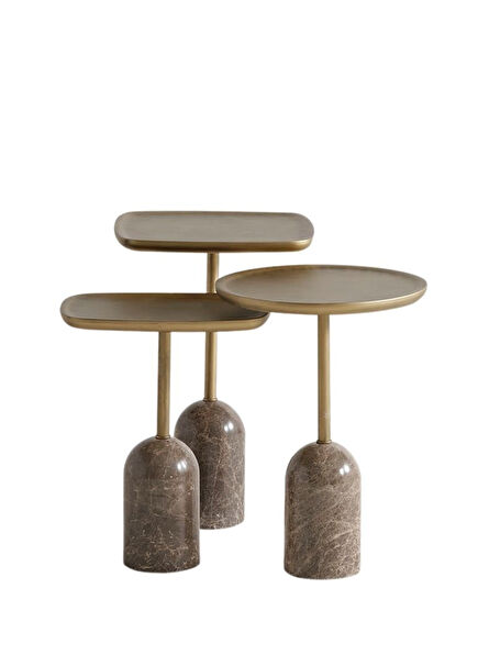 Rufolo Brass Tumbled Wood Brass Marble Leg 3-Seat Side Table Set