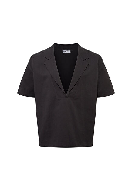 No Reason Siyah Geniş Yaka Kısa Dirsek Boy Kol Erkek Gömlek