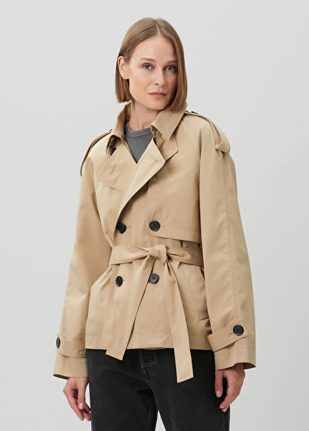 Beige Short Double-Breasted Trench Coat