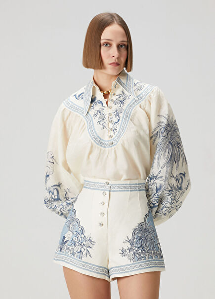 Villa Romantica Krem Desenli Keten Gömlek