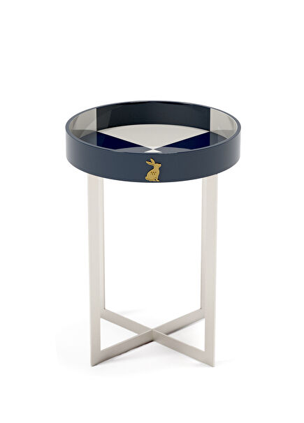 Navy Blue White Checkered Wood Lacquered Side Table