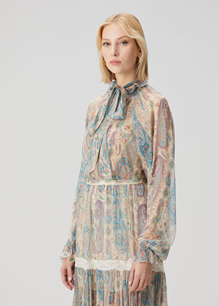 Mavi Şal Desenli İpek Bluz