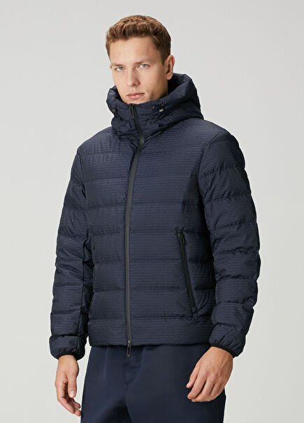 Navy Blue Hooded Logo Patterned Puff Coat