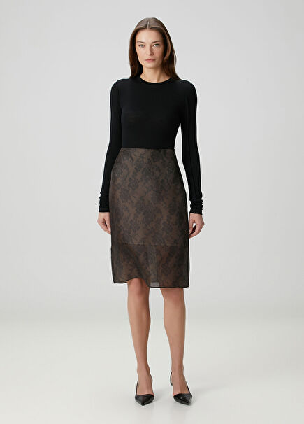 Kahverengi Desenli Midi İpek Organza Etek