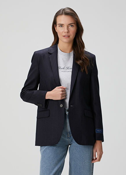 Navy Blue Striped Wool Blazer