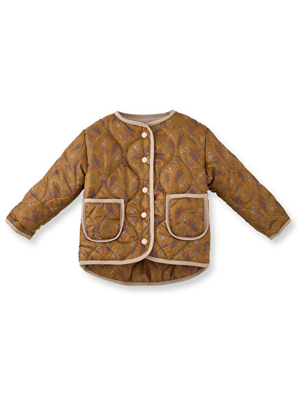 Kahverengi Çiçek Desenli Kapitone Kız Çocuk Mont