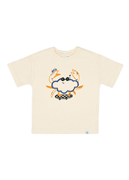 Cool Funny Crab Baskılı Ekru Kısa Kollu Unisex Çocuk T-Shirt