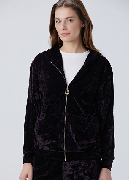 Mürdüm Kapüşonlu Kadife Hırka