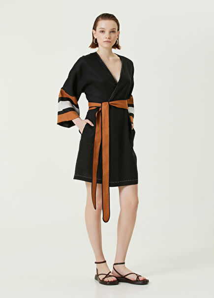 Siyah Beli Kuşaklı Mini Keten Plaj Elbisesi