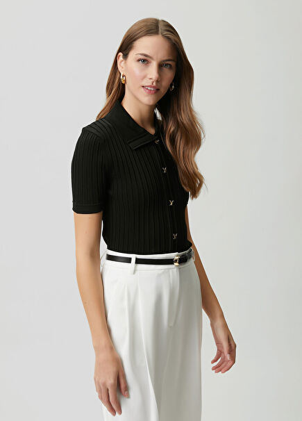 Black Short-Sleeve Polo Sweater