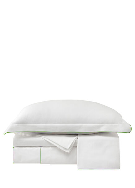 Green Piped White Cotton Sateen Double Duvet Cover Set