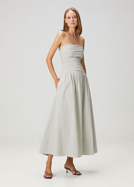 Silver Draped Strapless Midi Dress