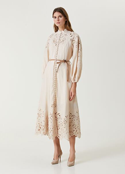 Wylie Cream Embroidered Midi Linen Dress