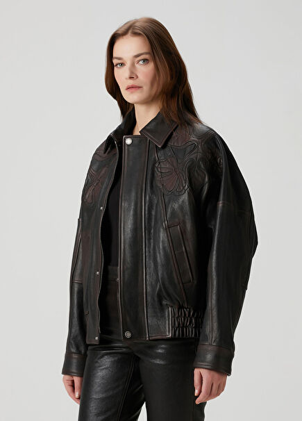 Oversized Bordo Deri Bomber Ceket