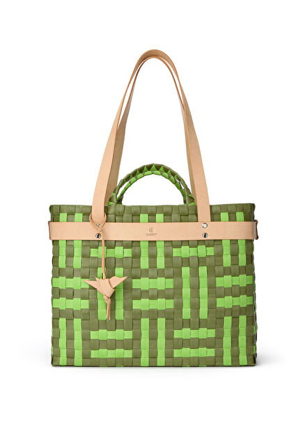 Andriake Basket Bag Olive Büyük Boy El Yapımı Kadın Omuz Çantası