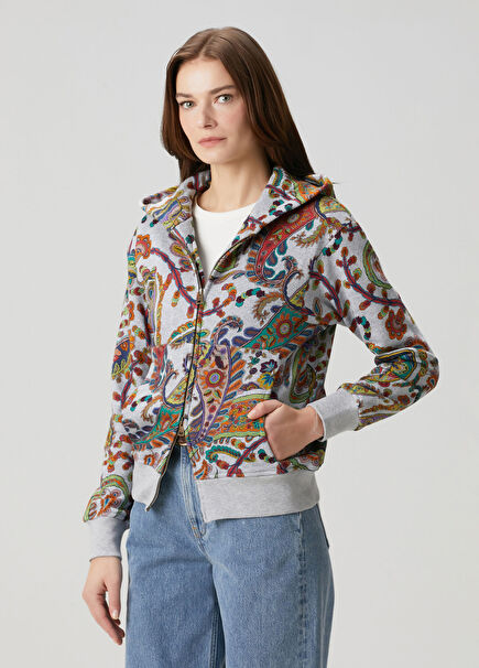 Gri Kapüşonlu Şal Desenli Sweatshirt
