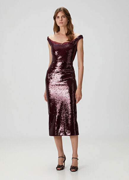 Burgundy Sequined Midi Cocktail Dress